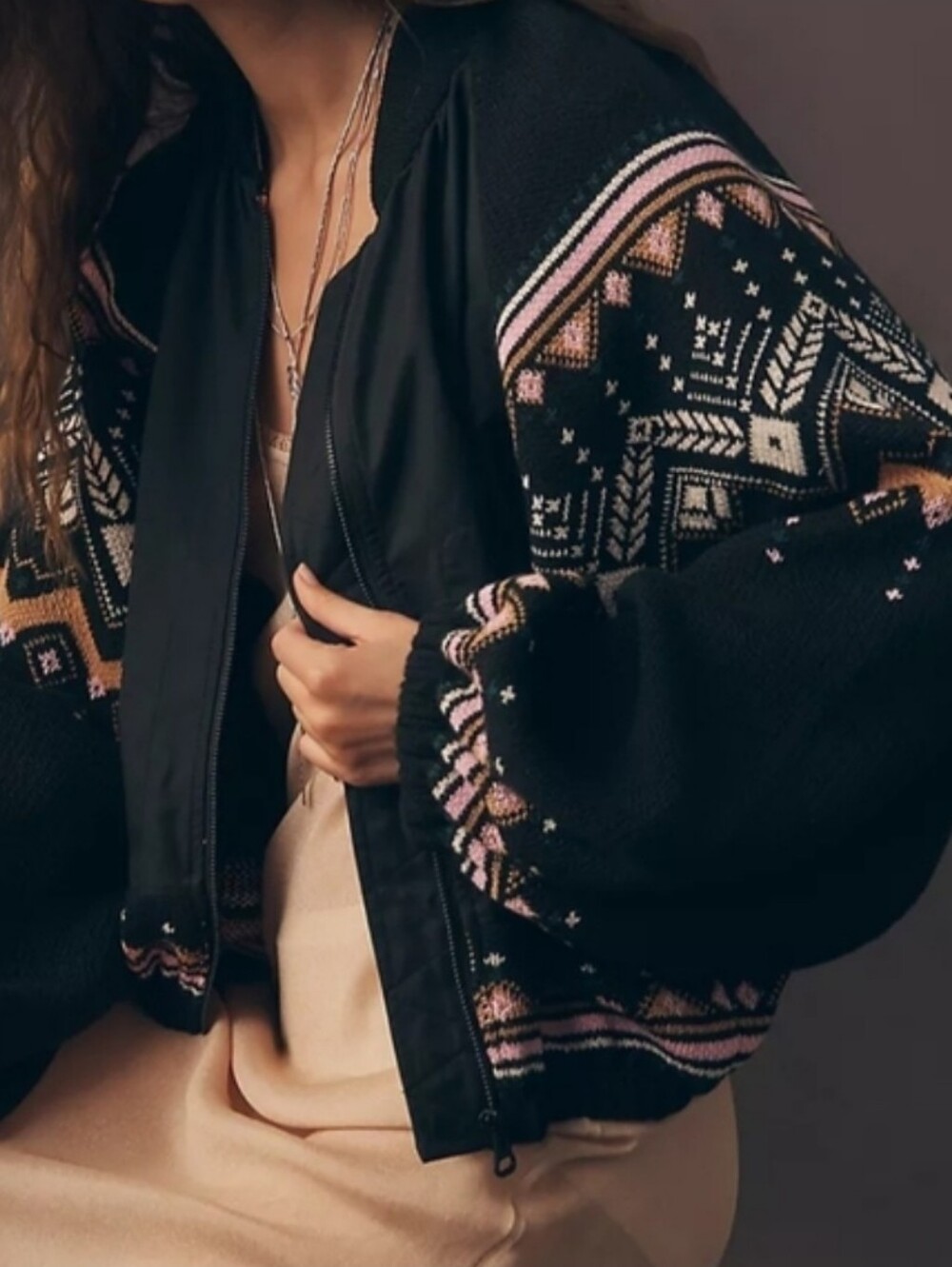 Anthropologie Black Bomber Jacket with Pink, White & Tan Fair Isle Sleeves